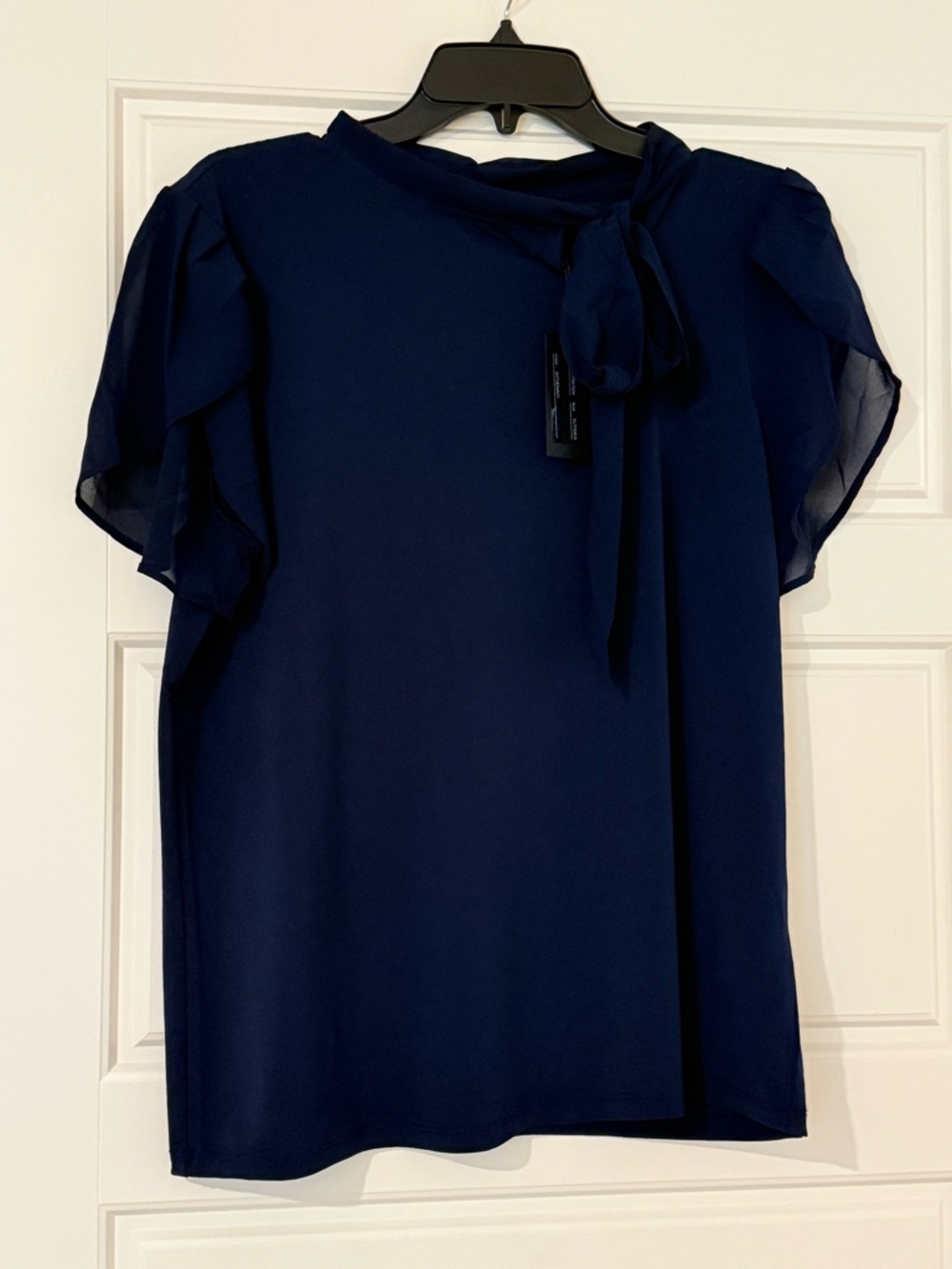 Women's Navy Tie-Neck Ruffle Sleeve Top